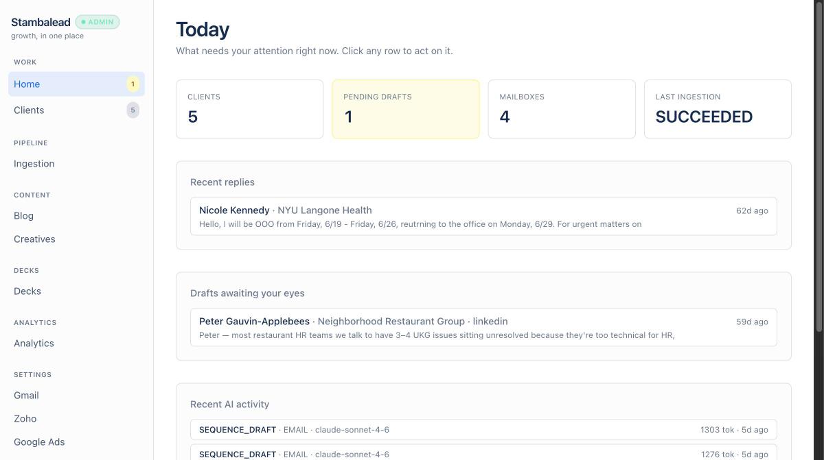 Stambalead operator dashboard showing 3 active clients, 1 pending draft, 4 connected mailboxes, and recent reply from NYU Langone Health