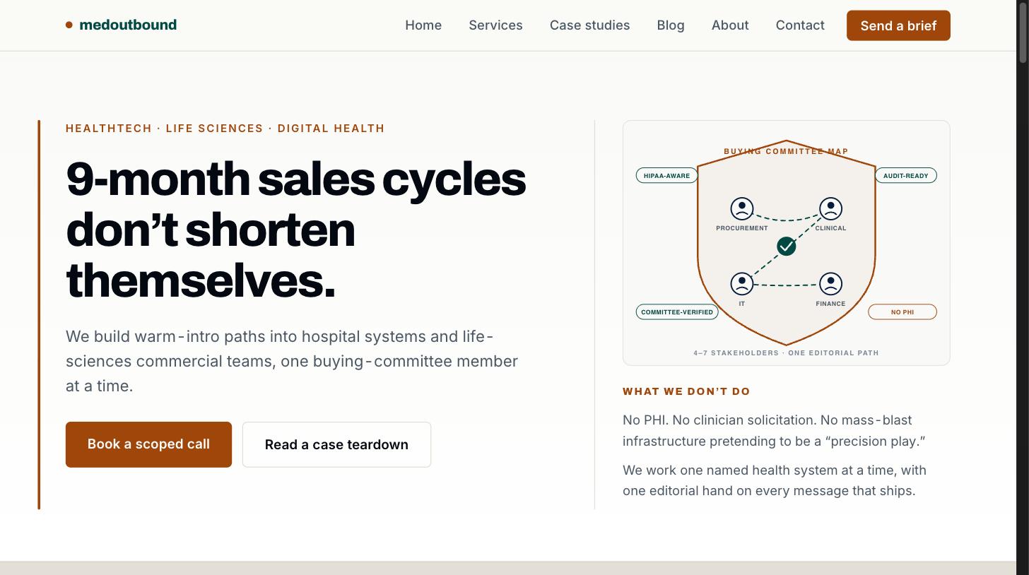 Live medoutbound.com homepage — HealthTech / life sciences hero with buying-committee map and HIPAA-aware badges