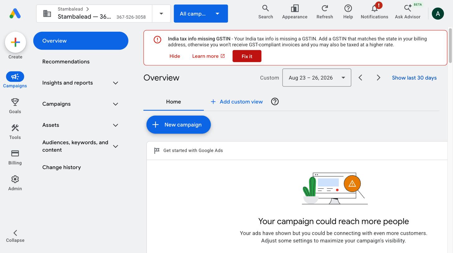 Google Ads MCC sub-account overview for 360Connect / medoutbound.com — showing campaign structure and optimization score
