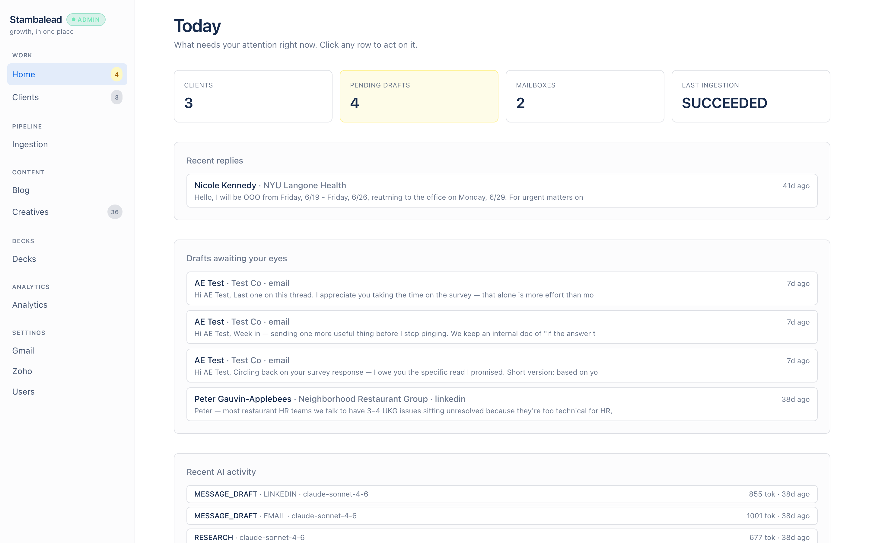 Operator dashboard — live pipeline: multiple clients, pending drafts, connected mailboxes, and the most recent inbound reply surfaced.