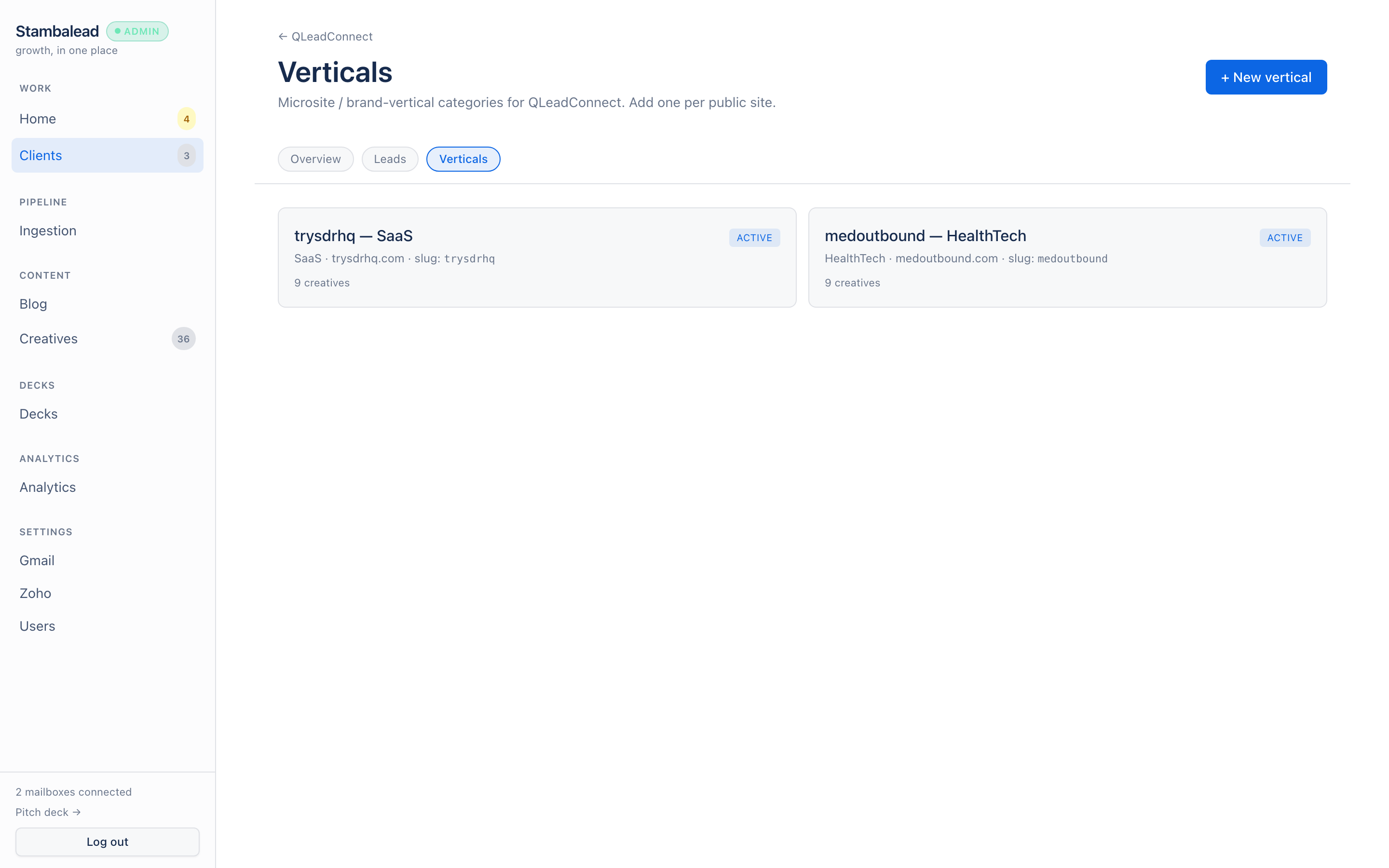 Verticals admin — operator adds a new client vertical, wires publishing property + campaign + sender inbox in one flow.