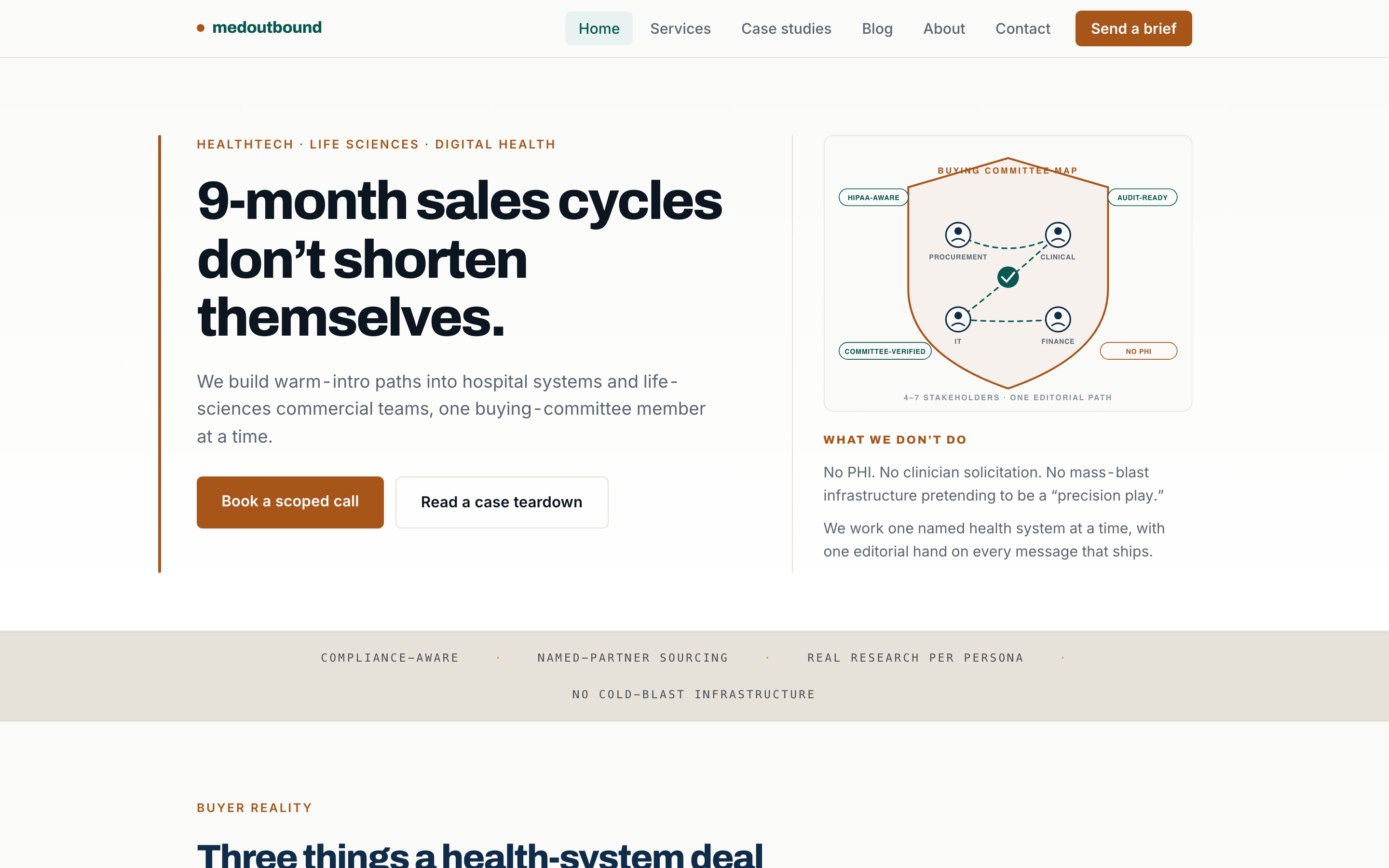 medoutbound.com — live HealthTech / medical-billing publishing property with landing pages, gated CTAs, and Google Ads pixel wired end-to-end.