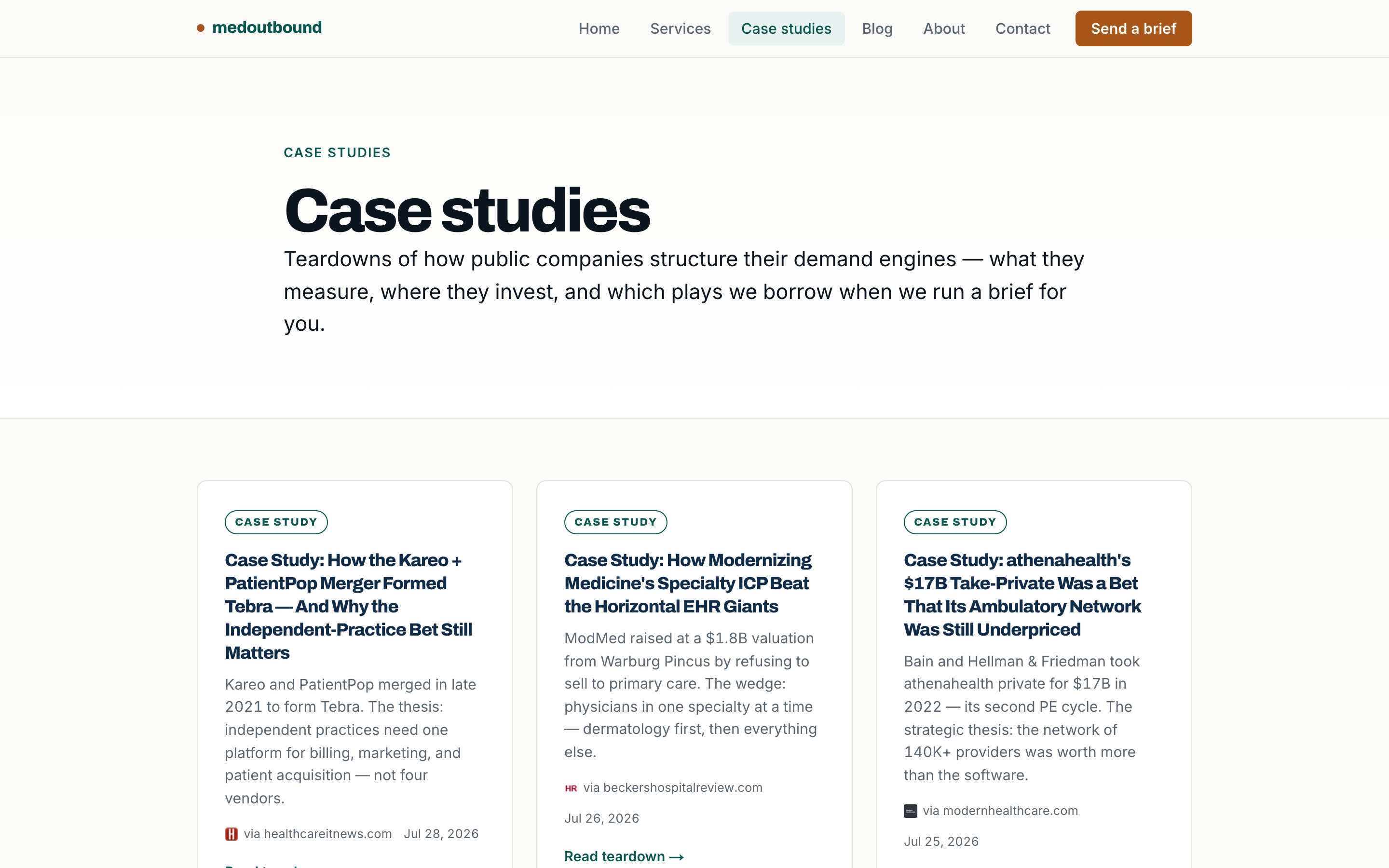 Case-studies index page — real published case-study articles with publisher logos, pagination, and gated CTAs.